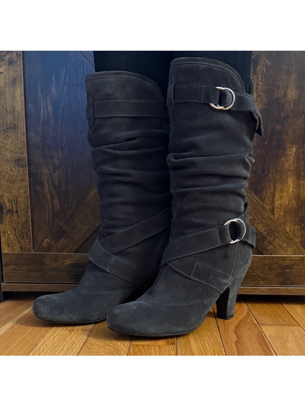 Women's Black Suede Mid-Calf Heeled Boots
